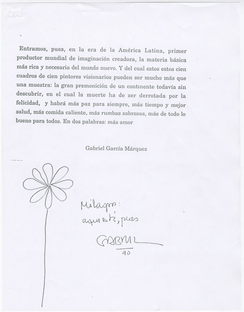 The last page of a draft of García Márquez's foreword for "Figuración fabulación: 75 años de pintura en América Latina" (1990), by Roberto Guevara.