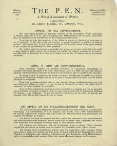 PEN. Appeal to All Governments, printed text in English, French, and German, 1931.