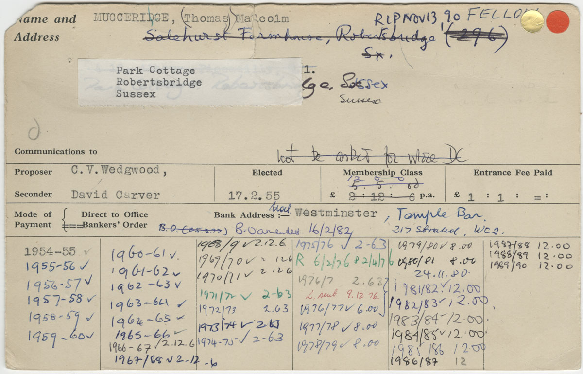 PEN. Membership card with information for Malcolm Muggeridge, 1955-1990.