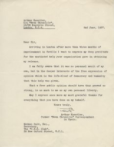 Arthur Koestler. Letter to PEN secretary Hermon Ould expressing gratitude for help in obtaining his release from prison in Spain, June 2, 1937.