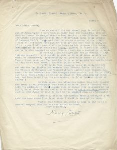 Nancy Cunard. Letter to David Carver concerning possible PEN membership of publisher Cecil Woolf, nephew of Virginia and Leonard Woolf, with thoughts on the internal politics of PEN, March 4, 1953.