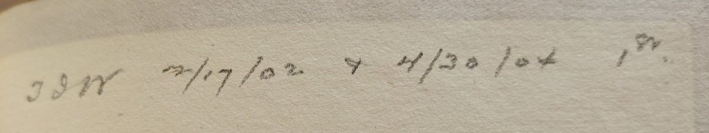 An inscription in the rear of the book sold to Wrenn bearing Wise's initials.