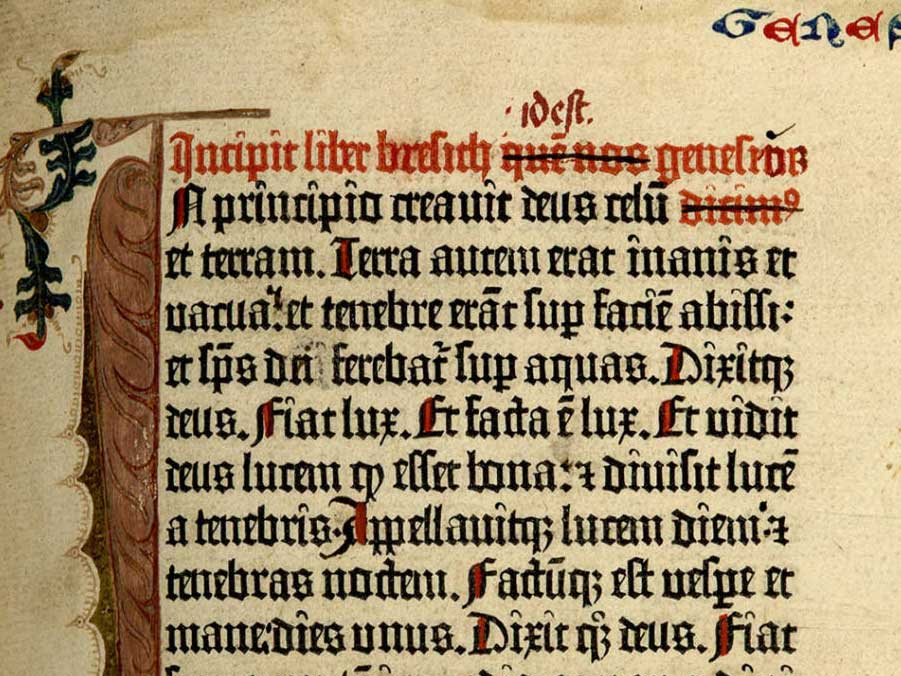 [Biblia latina, commonly known as the Gutenberg Bible (Mainz: Johann Gutenberg and Johann Fust, between 1454 and 1456)], 5 recto. Here, at the beginning of Genesis, the red text has been printed. If you look carefully, you can see that this page went through the press twice, once for the black text and once for the red: the hook of the "g" in the first line overlaps with the horizontal line atop the "u" in the second.