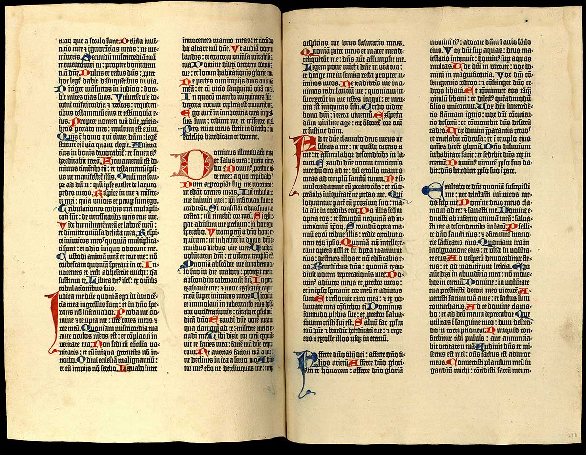 [Biblia latina, commonly known as the Gutenberg Bible (Mainz: Johann Gutenberg and Johann Fust, between 1454 and 1456)], 297 verso and 298 recto. Compare Psalm 26/27 in the Gutenberg Bible, which begins in the second column on the left, with the same psalm in the Mainz Psalter.