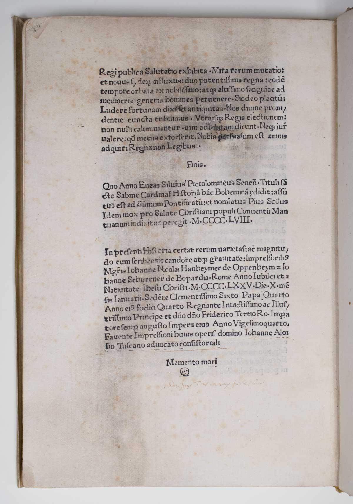 Pope Pius II, Historia Bohemica (Rome: J. N. Hanheymer and J. Schurener, 1475), fol. 73 verso. Harry Ransom Center, Incun 1475 P688h.