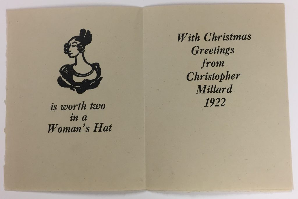 Inside of holiday greeting card for Christopher Millard with woodcut designs by Claud Lovat Fraser, 1922, 72.20.17j