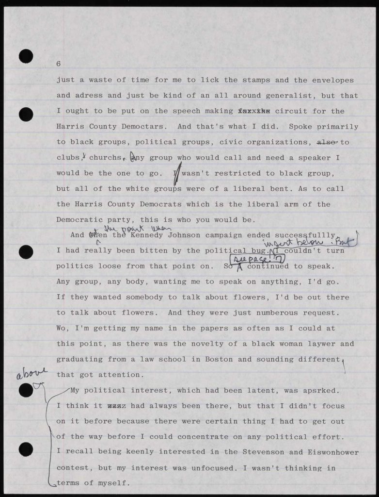 Shelby Hearon, Typescript page for Barbara Jordan: A Self Portrait, 1978, Shelby Hearon Papers, 3.15, Harry Ransom Center.