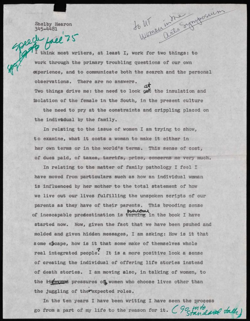 Shelby Hearon, Typescript page for speech to The University of Texas’s Women in the Arts Symposium, 1975, Shelby Hearon Papers, 40.3, Harry Ransom Center.