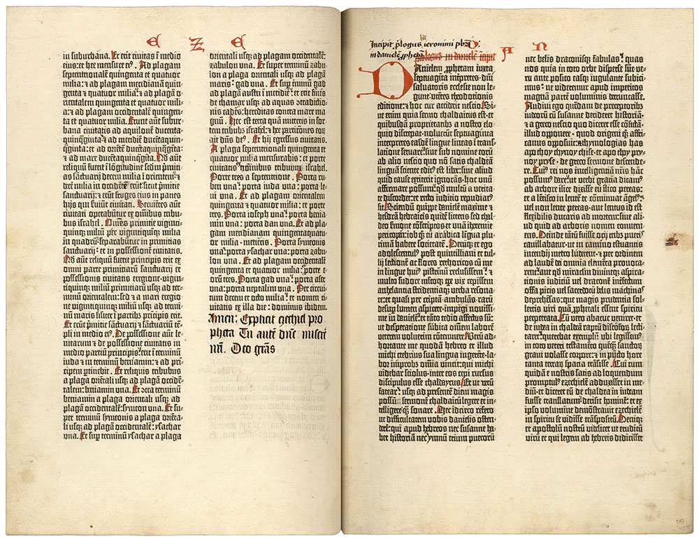 Leaves 454 verso and 455 recto of the Ransom Center's Gutenberg Bible.