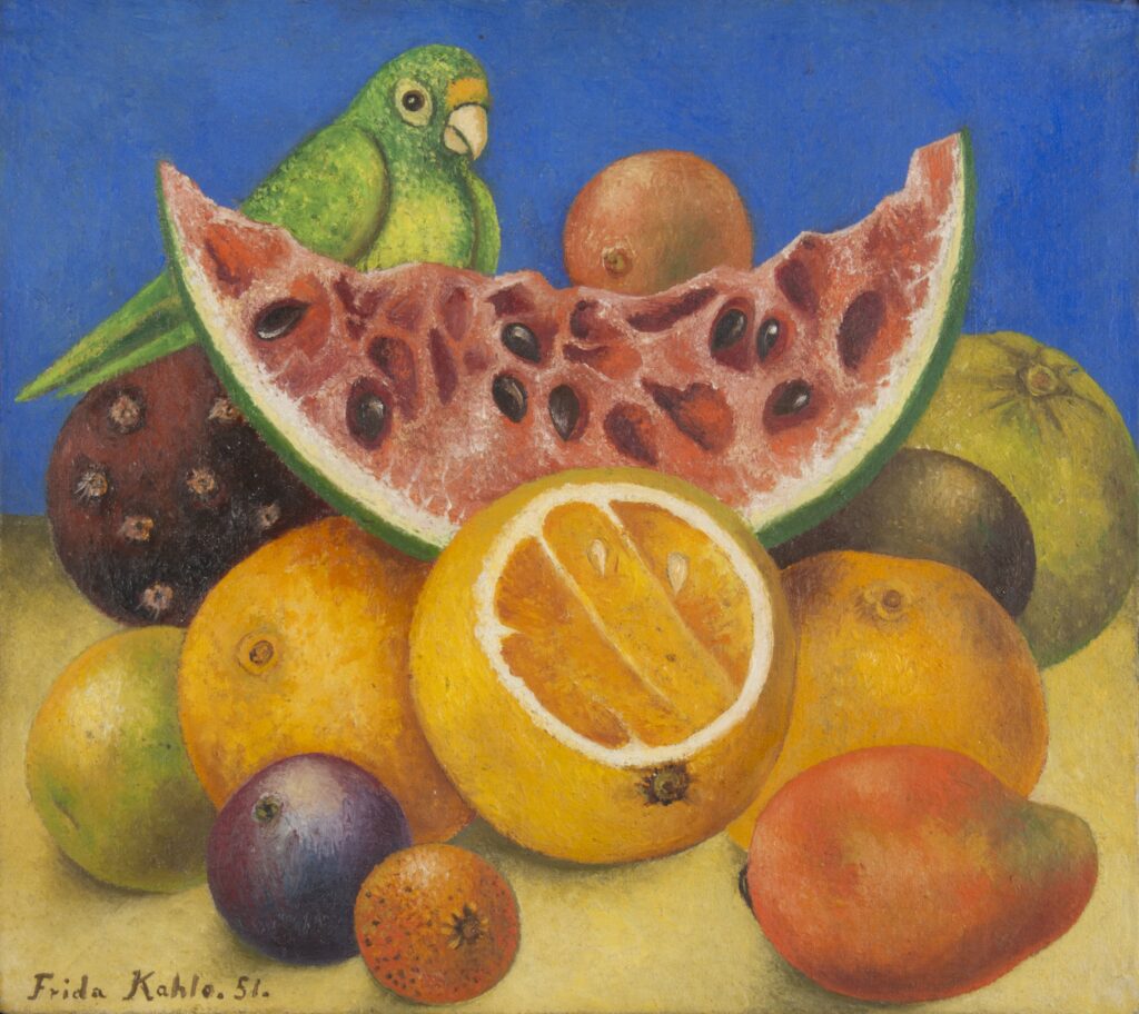 Frida Kahlo (Mexican, 1907–1954),Untitled [Still life with parrot and fruit], 1951. Oil on canvas, 25.7 x 28.2 cm. 