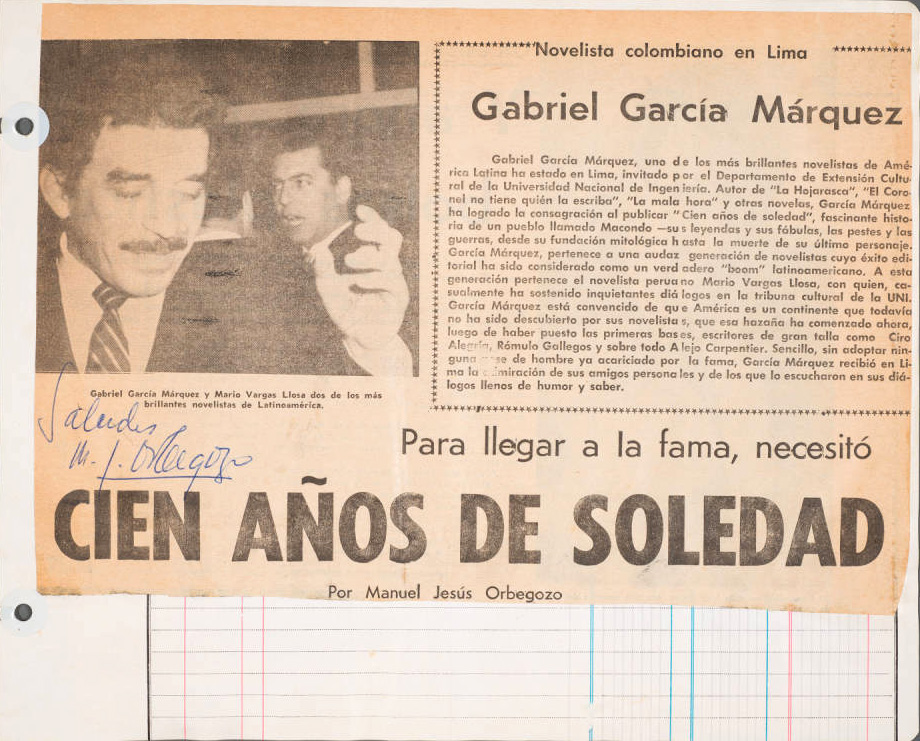 Newspaper clipping about Gabriel García Márquez's One Hundred Years of Solitude with headline: "Para llegar a la fama, necessitó CIEN AÑOS DE SOLEDAD." 