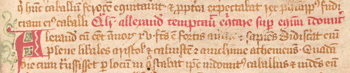 Selection from a scribal manuscript of the Vita et gesta Alexandri Magni, England, 13th century, fol. 8r. Medieval and Early Modern Manuscripts Collection, HRC 33. The Latin text, written in the gothic book hand of a trained scribe, is heavily abbreviated.