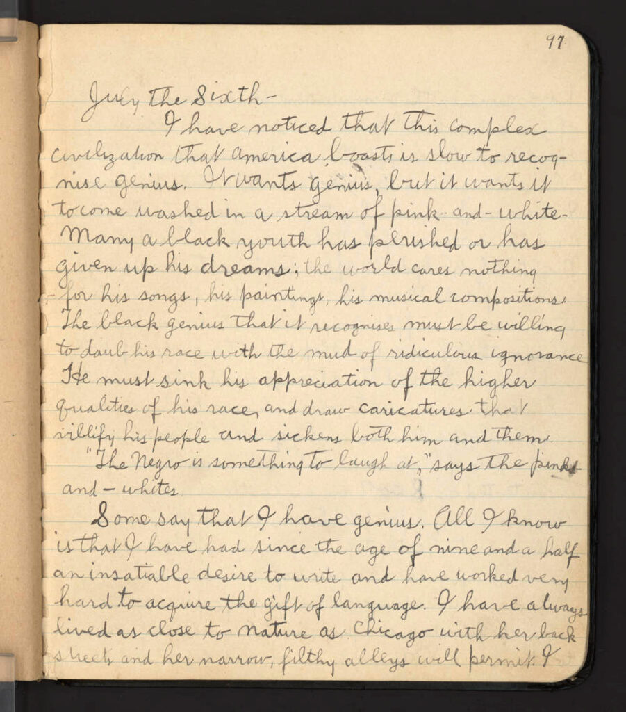 Excerpt of Fenton Johnson's "A Wild Plaint" (signed with pseudonym of Aubrey Gray, 1909) wherein he laments "this complex civilization that America boasts is slow to recognize [Black] genius."