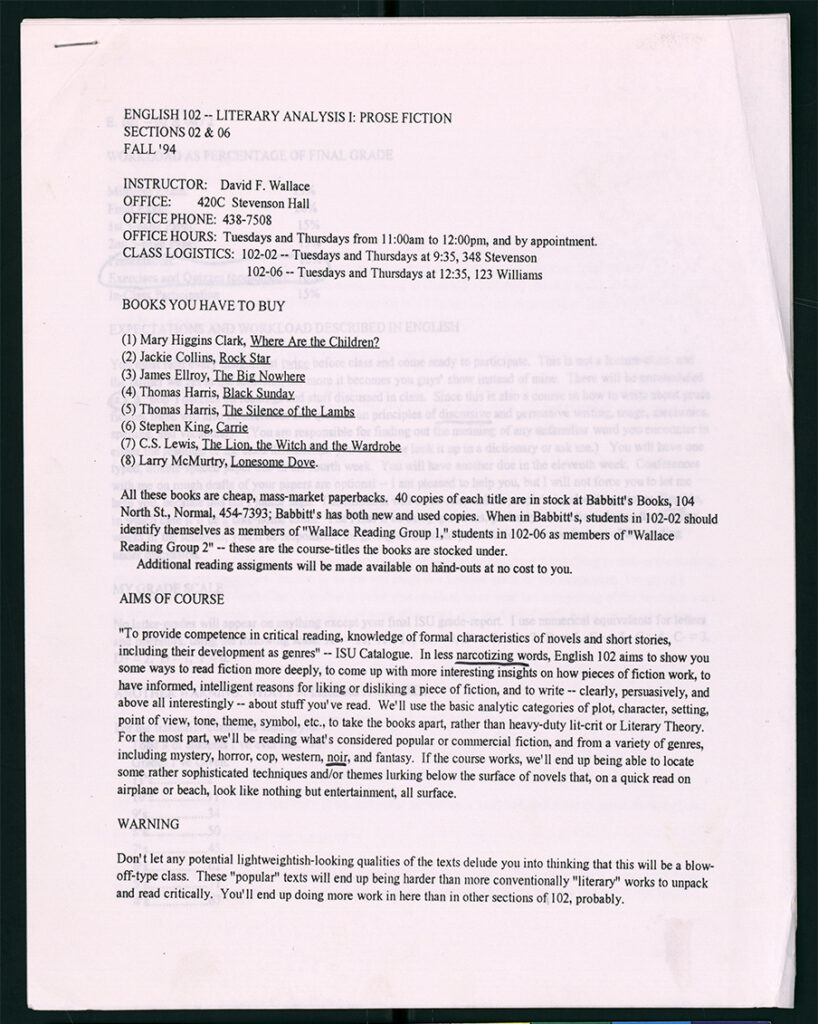 David Foster Wallace's syllabus for a class, Literary Analysis I: Prose Fiction, he taught in the Fall of 1994. © David Foster Wallace Literary Trust.