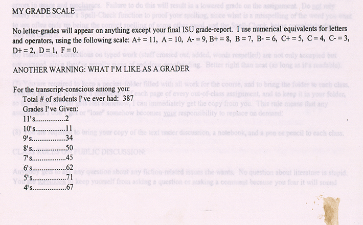 Detail showing the grading scale on a syllabus for a class David Foster Wallace taught in the Fall of 1994. © David Foster Wallace Literary Trust.