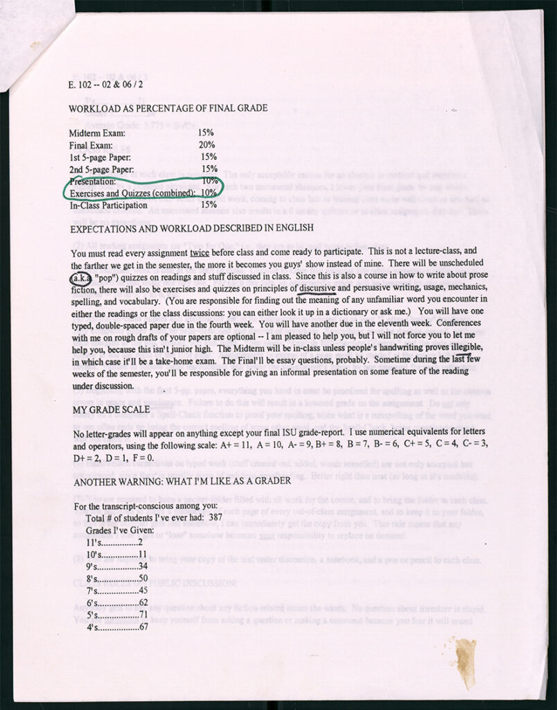 David Foster Wallace's syllabus for a class, Literary Analysis I: Prose Fiction, he taught in the Fall of 1994. © David Foster Wallace Literary Trust.