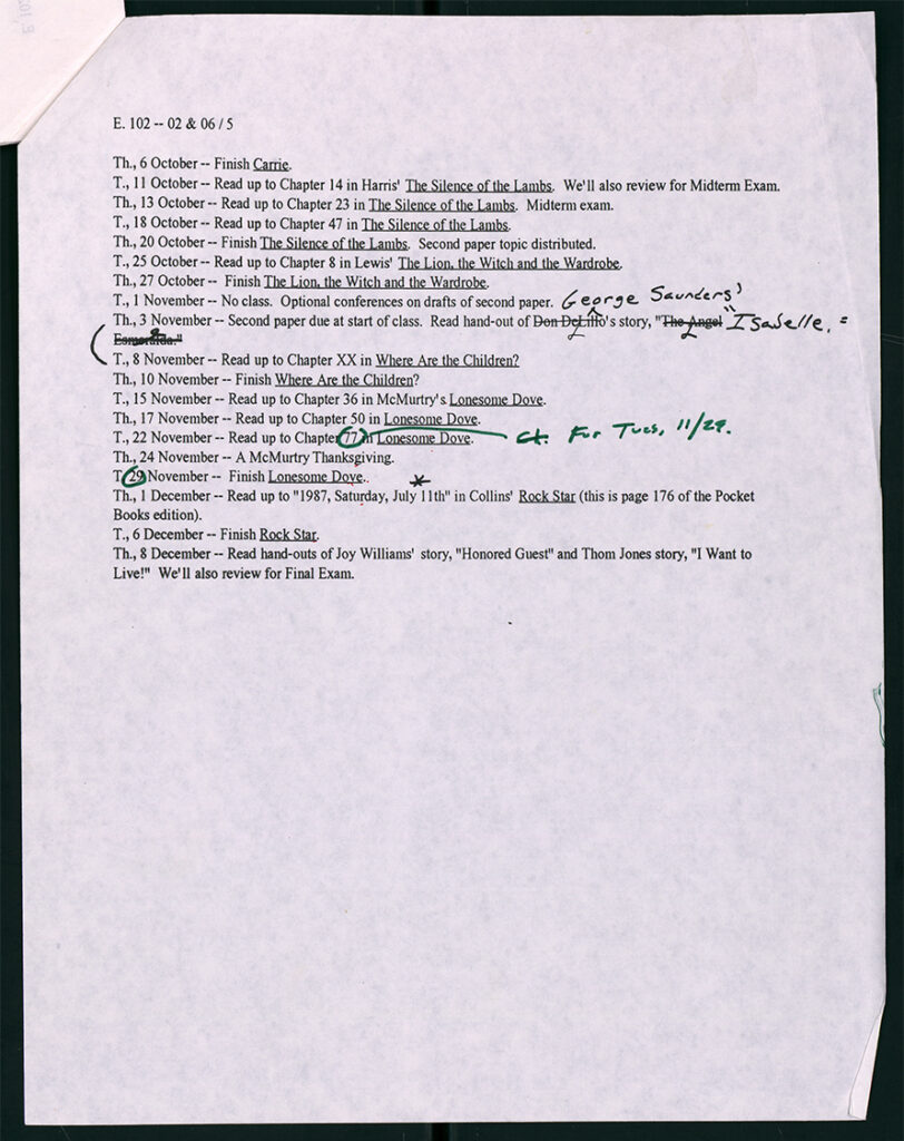 David Foster Wallace's syllabus for a class, Literary Analysis I: Prose Fiction, he taught in the Fall of 1994. © David Foster Wallace Literary Trust.