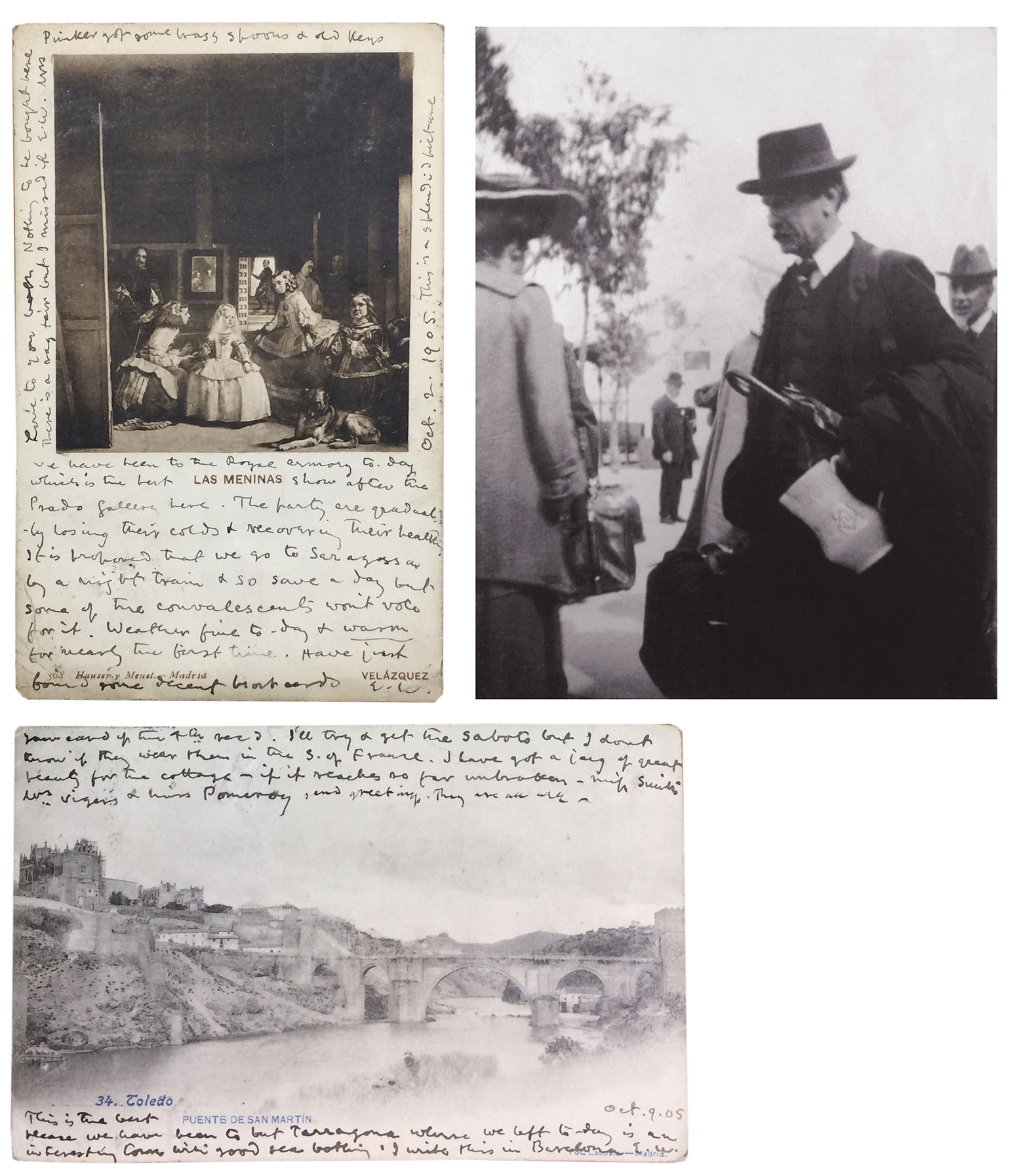 A second and closer examination of these two postcards in the Center’s collection explains why,  in the photograph of Walker in Toledo in 1905, he is wearing so many clothes in southern Spain in autumn. The postcard (top left) reveals that, in fact, the weather had been very poor, and all the group had caught colds. The postcard below relates Walker’s acquisition of a jug, which did indeed make it safely home, and can still be seen in Emery Walker’s House, 7 Hammersmith Terrace, London. Postcards from the Sir Emery Walker Collection, Harry Ransom Center. Photograph of Walker courtesy of The Emery Walker Trust, London.Through this past research experience, I knew not to be downhearted by these initially slow, non-fulfilled expectations, and thanks to the Ransom Center, time was on my side. I undoubtedly needed to rethink my approach—or alternatively put planning to one side and let the material speak to me, to offer its own possibilities for interpretation. I decided just to read, and see what ideas might come.