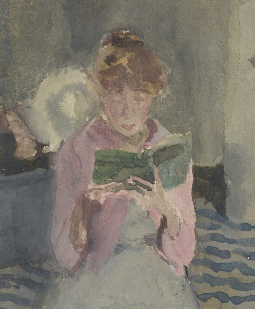 Detail from the painting, Pink Note–The Novelette, by James McNeill Whistler, 1883-1884.[2] (See the full image on the Smithsonian site).