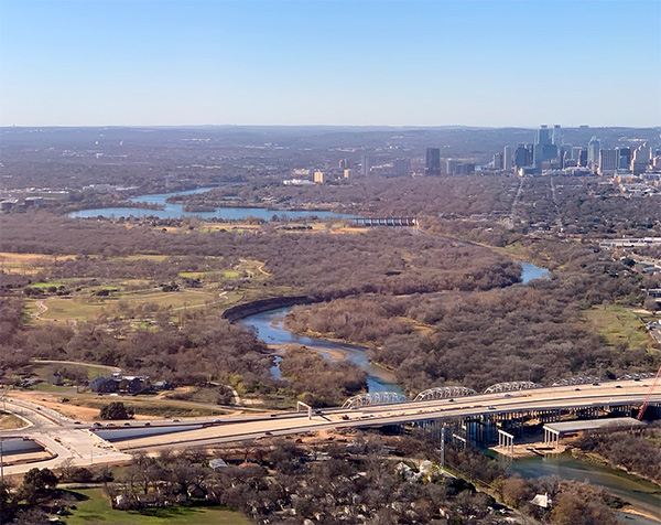 Aerial view of the Colorado River in Austin, Texas. Photo by the author (2020).