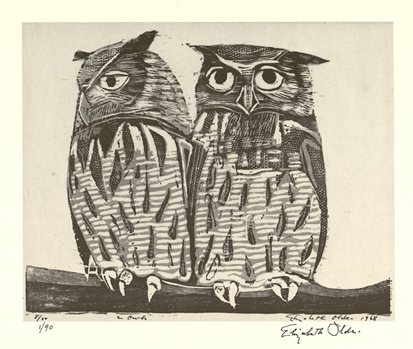 2 Owls by Elizabeth Olds (American, 1896–1991), a 1989 lithographic reprint of an 1968 original woodblock print. Harry Ransom Center at The University of Texas at Austin.