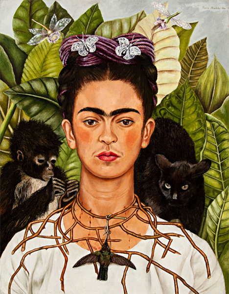 Hummingbird portrayed on Frida Kahlo (Mexican, 1907–1954), Untitled [Self-portrait with thorn necklace and hummingbird], 1940. Oil on canvas mounted to board. Nickolas Muray Collection of Mexican Art, 66.6 © 2020 Banco de México Diego Rivera Frida Kahlo Museums Trust, Mexico, D.F. / Artists Rights Society (ARS), New York.