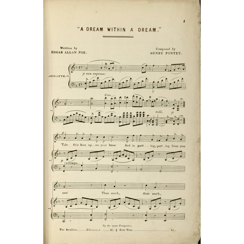 "A Dream Within A Dream" sheet music composed by Henry Potet based on a poem of the same name by Edgar Allan Poe.