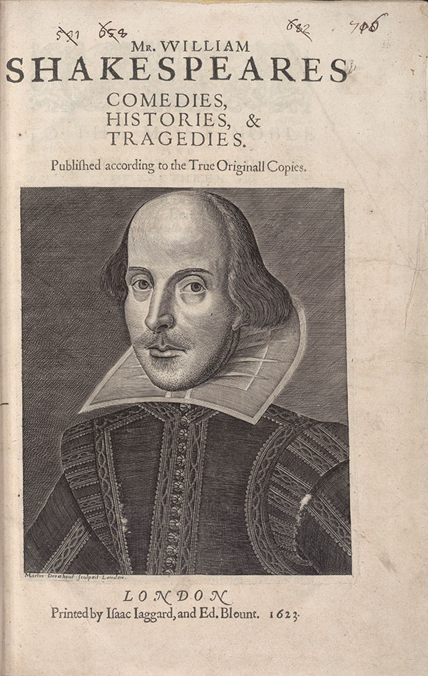 Pforzheimer First Folio title page with engraved portrait of William Shakespeare