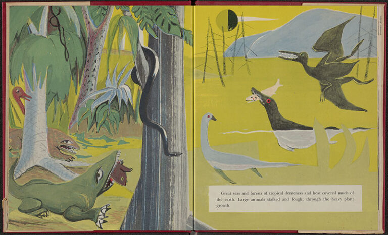 Book pages with illustration of dinosaurs