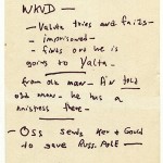 Notecard with Alan Furst's brainstorming ideas for Night Soldiers.