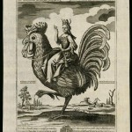 Unidentified (German). Patiens cornuta mulier. Die geduldige Hanreyin. (The patient cuckolded woman), 17th century. Engraving and etching. Satire on the cuckolded woman who married a much younger husband, with verses in Latin and German. An old woman, with horns growing out of her head, rides on a huge rooster. In the background to the left, her husband is wooing a younger woman, and to the right he is beating his complaining wife.