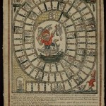 Unidentified (Italian). Il nuovo giuoco dell'oca (The new game of the goose), early 18th century. Hand-colored woodcut with letterpress. Board games, originating primarily among the upper classes, were gradually assimilated by the rest of society. This broadside has changed very little from earlier publications of this popular game. However, here the central figure, which in a similar 1650 version of the game consisted of an elegantly dressed, upper-middle class couple with their children, has given way to a grotesque dwarf riding a goose and brandishing a sword in one hand and a doomed bird in the other. The fact that this figure in the center has replaced the upper-class couple is indicative of the social change this game has undergone.