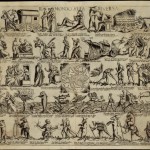 Battista Parmensis (Italian, b. 1541) Il mondo alla riversa (The world in reverse), 1585. Engraving. Scenes of role reversal with Italian rhymes, including an armed woman watching her husband spinning wool, a king walking behind a peasant riding a horse, an ox guiding a plough drawn by 2 peasants, a child interrogating 3 professors, a fish catching a bird, a donkey washing a man's head, a goat playing a lute, etc.