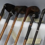 Arthur Conan Doyle's golf clubs are protected by styrofoam spacers and labeled with tags. Photo by Anthony Maddaloni.