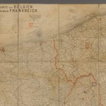 Upper left hand corner of the 32 in. by 43 in. map. Broad red line indicates the border between Belgium (upper right) and France (lower left). The thin red line running vertically near the center is the line of trenches separating the German forces on the right hand from the British and French at the left.