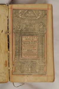 Title page of the Bible. The red ruling has been done by hand, which was a convention of manuscript production. Before the advent of the printing press, ruled lines not only guided scribes as they wrote across the page but also became part of the understanding of what a book should look like.