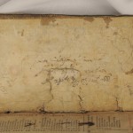 Inside back cover of the Bible, with the inscription "James Sleigh ye sonne of Hugh Sleigh was born ye 26th [?] Day of Jany 1688." Bibles were often used to record family histories.