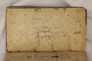 Inside back cover of the Bible, with the inscription "James Sleigh ye sonne of Hugh Sleigh was born ye 26th [?] Day of Jany 1688." Bibles were often used to record family histories.