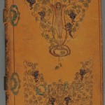 C. H. A. Bjerregaard’s "Sufi Interpretations of the Quatrains of Omar Khayyam and Fitzgerald" (New York: J. F. Taylor, 1902). Numbered edition, no. 1 of 5. The Stark Library. Bound in brown pigskin, this painted cover lavishly depicts Omar’s vines of wisdom, each line of the drawing seared into place by a heated tool or flame. True to Bjerregaard’s vow to explore the “mines under the vineyard,” the pages between the decorated covers—rich with watercolor paintings, additional pyrographic illustrations, and brocade backed endpapers—reveal further artistic enhancements. One of only five printed, this opulent “Jamshyd” copy presents Bjerregaard’s anti-sensualist pairing of the famous quatrains with Sufi wisdom. Photo by Pete Smith.