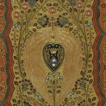 Thomas Moore’s "Lalla Rookh: An Oriental Romance" (London and New York: Routledge, Warne, & Routledge, 1860). This copy of Moore’s "Lalla Rookh" was primped in the early twentieth century. Sangorski and Sutcliffe of London bound this weighty three-pound copy in a colored leather binding inlaid with gold to form an intricate floral pattern studded with a central diamond and several rubies, pearls, and turquoises. Hidden inside the front cover is a stunning Cosway-style portrait of Moore, similar to Marie Antoinette’s portrait on another book in this display. A floral pattern was chipped into the book’s gilded edges creating a bas-relief effect, not unlike the gauffered edges on the embroidered prayer book mentioned below. Photo by Pete Smith.