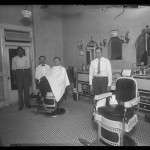 Unidentified Itinerant Photographer, "Unidentified Barber Shop," 1934. Gelatin silver glass plate negative.