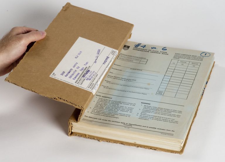 J. M. Coetzee's handwritten drafts of "Life & Times of Michael K" is constructed of stacks of exam books bound together with cardboard and wire.