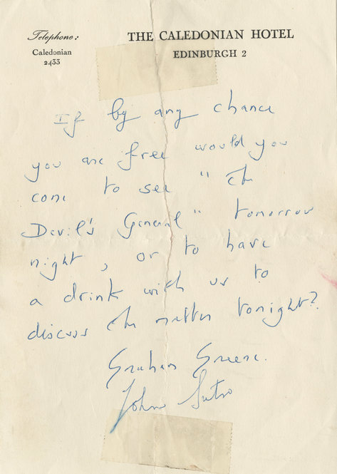The note Graham Greene and John Sutro sent to Mary and Margy inviting them to see "The Devil’s General."