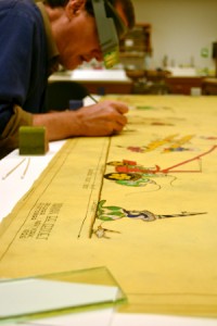 Conservator Ken Grant works in the paper lab, consolidating the paint layer on designer Norman Bel Geddes’s 1926 drawing for floats and participants in Macy’s parade. The drawing will be included in an upcoming exhibition on Bel Geddes, with support generously provided by an FAIC/Tru Vue Optium® Conservation Grant. Photo by Kelsey McKinney.