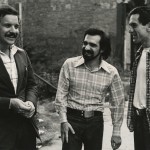 Production still of Paul Schrader, Martin Scorsese, and Robert De Niro on the set of "Taxi Driver" (1976).