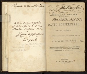 Title page of John Brougham's prompt copy of a theatrical adaptation of "David Copperfield." Undated.