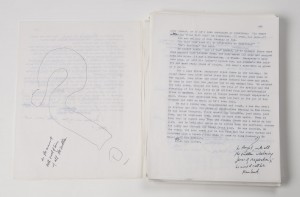 Pages from annotated typescript "World's End" by T. C. Boyle. Photo by Pete Smith.
