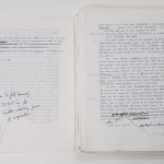 Pages from annotated typescript "World's End" by T. C. Boyle. Photo by Pete Smith.