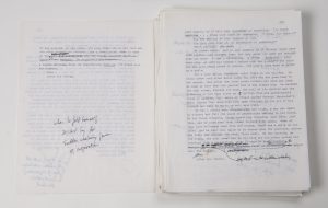 Pages from annotated typescript "World's End" by T. C. Boyle. Photo by Pete Smith.