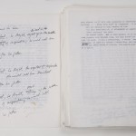 Pages from annotated typescript "World's End" by T. C. Boyle. Photo by Pete Smith.